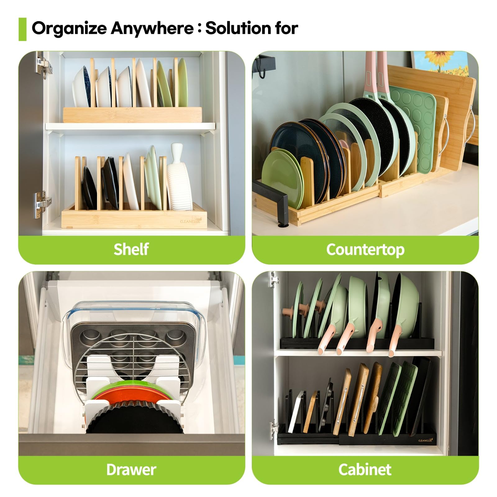 Cleanclue heavy-duty kitchen organizer supports sturdy cookware securely.