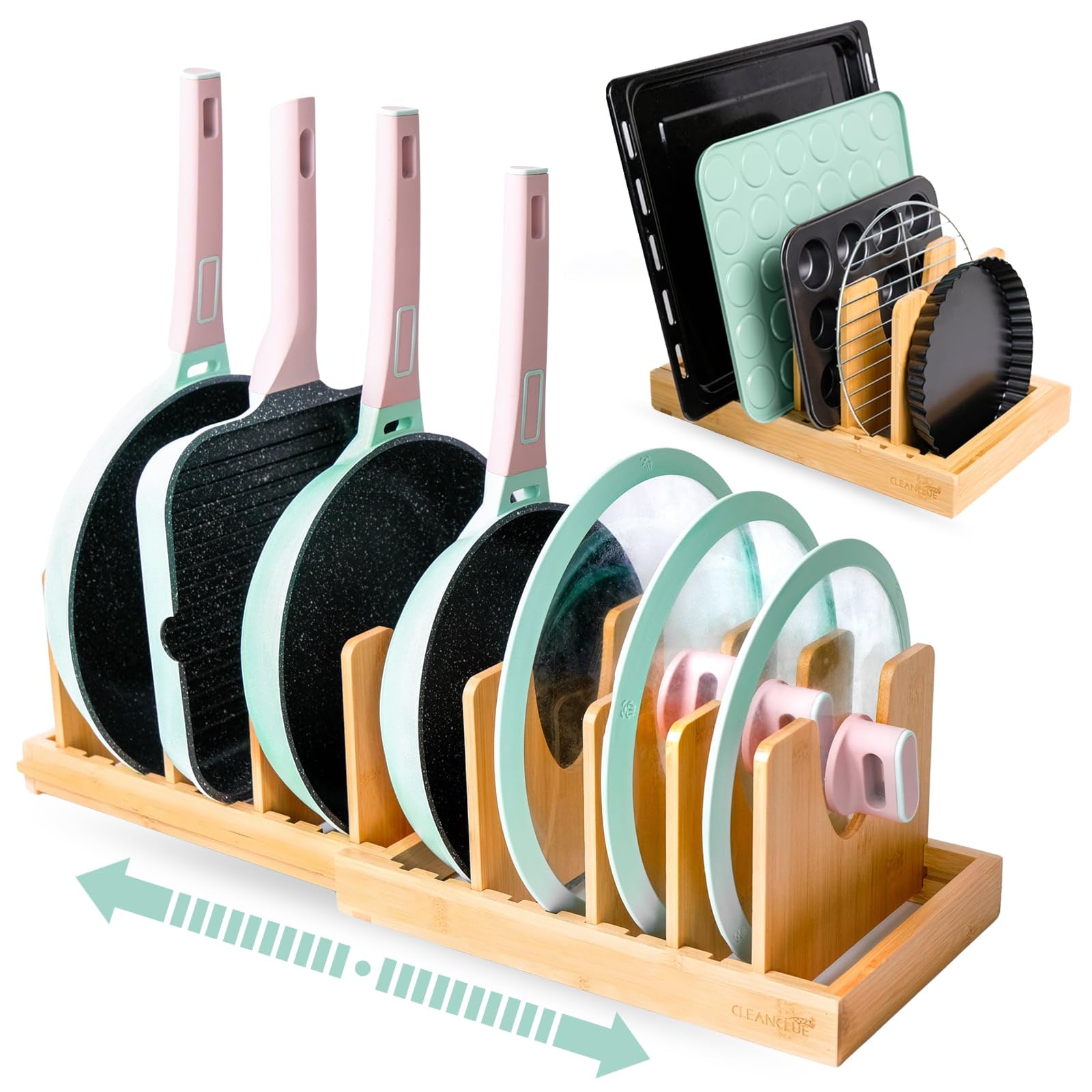 Cleanclue pots and pans organizer under cabinet keeps cookware accessible.