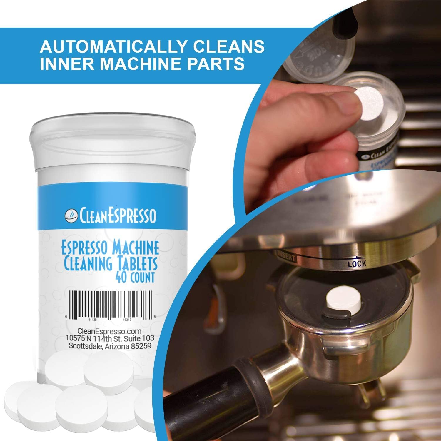 CleanEspresso Breville tablets label closeup highlighting compatibility