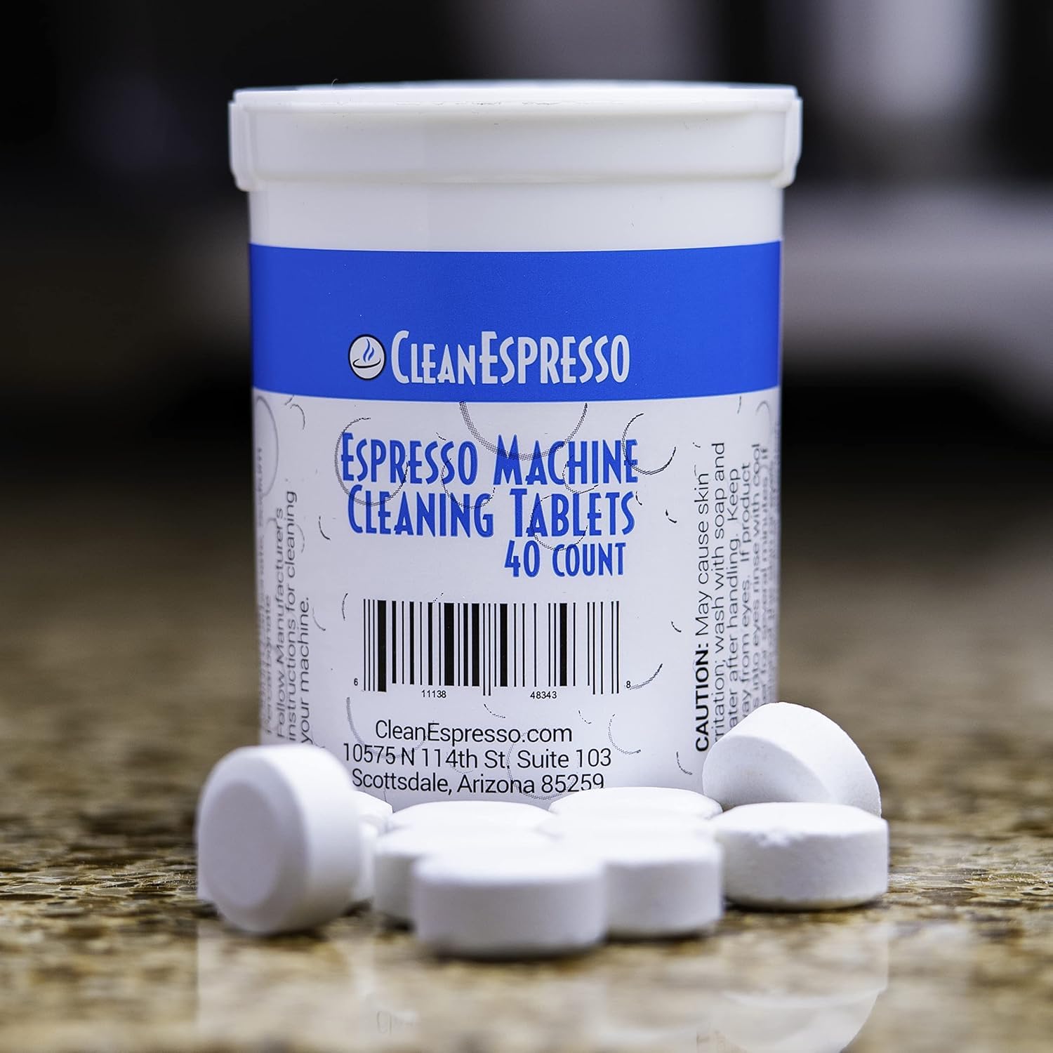Step-by-step cleaning process shown with CleanEspresso tablets.
