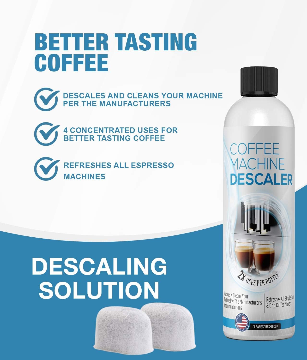 CleanEspresso descaler two-use bottle for mineral buildup removal.