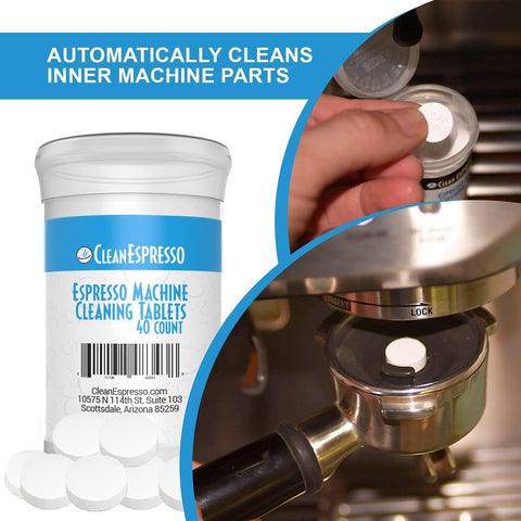 CleanEspresso tablets inside Breville machine cavity for thorough cleaning.