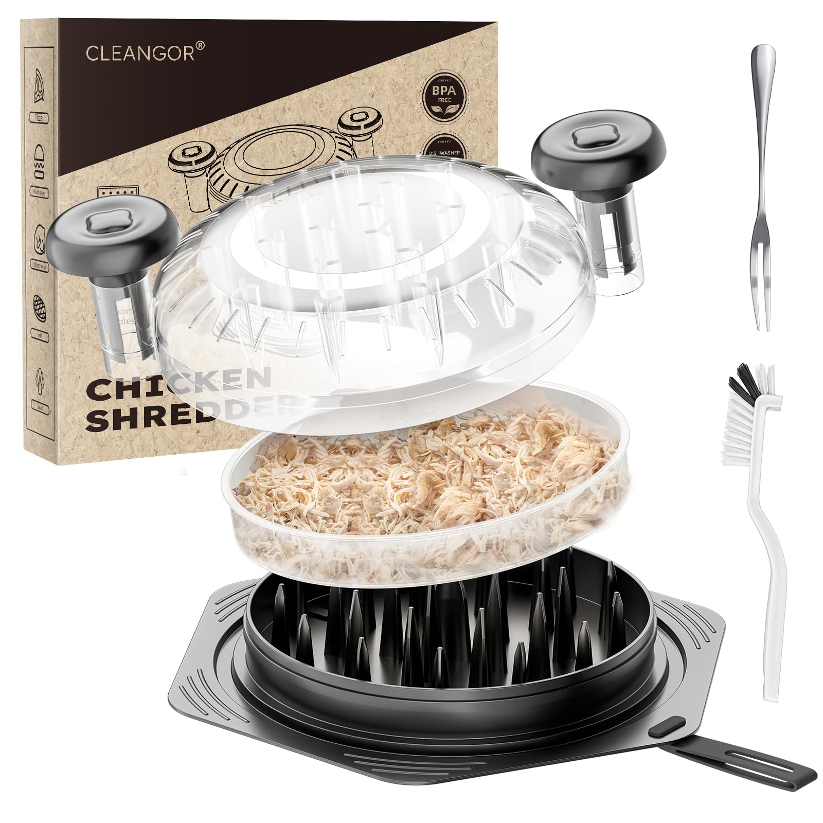 CLEANGOR chicken shredder with visible lid for precise shredding.
