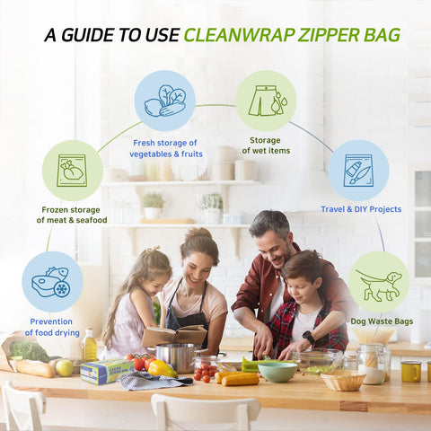 CLEANWRAP freezer-safe bag demonstrated for refrigeration and freezing.
