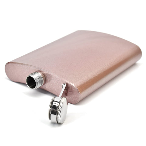 Close-up of attached cap on Clear Water rose gold glitter flask