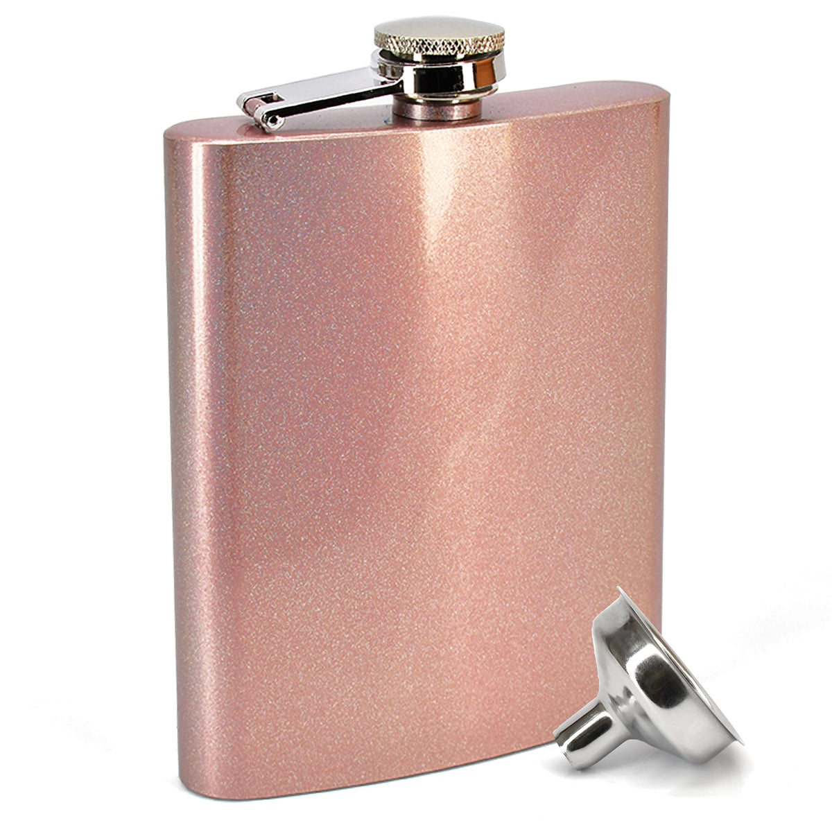 Clear Water Home Goods rose gold glitter flask front view for wedding party use