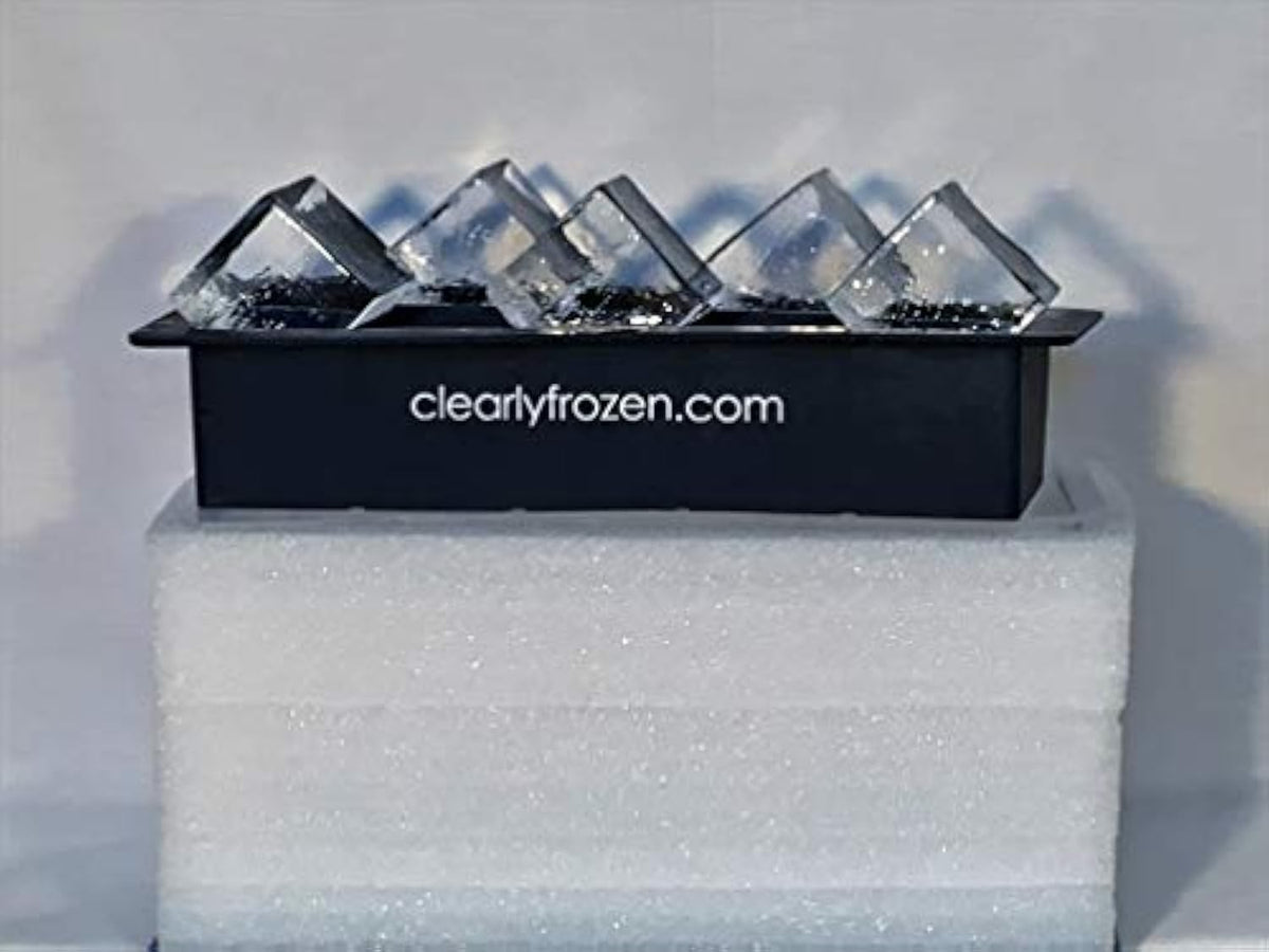 ClearlyFrozen ice tray front view with ten crystal-clear 2-inch cubes for premium cocktails