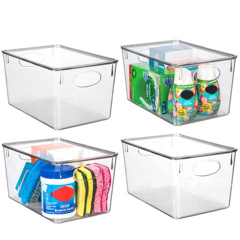 ClearSpace four-pack storage bins with lids, front view, ideal for organized fridge and pantry.