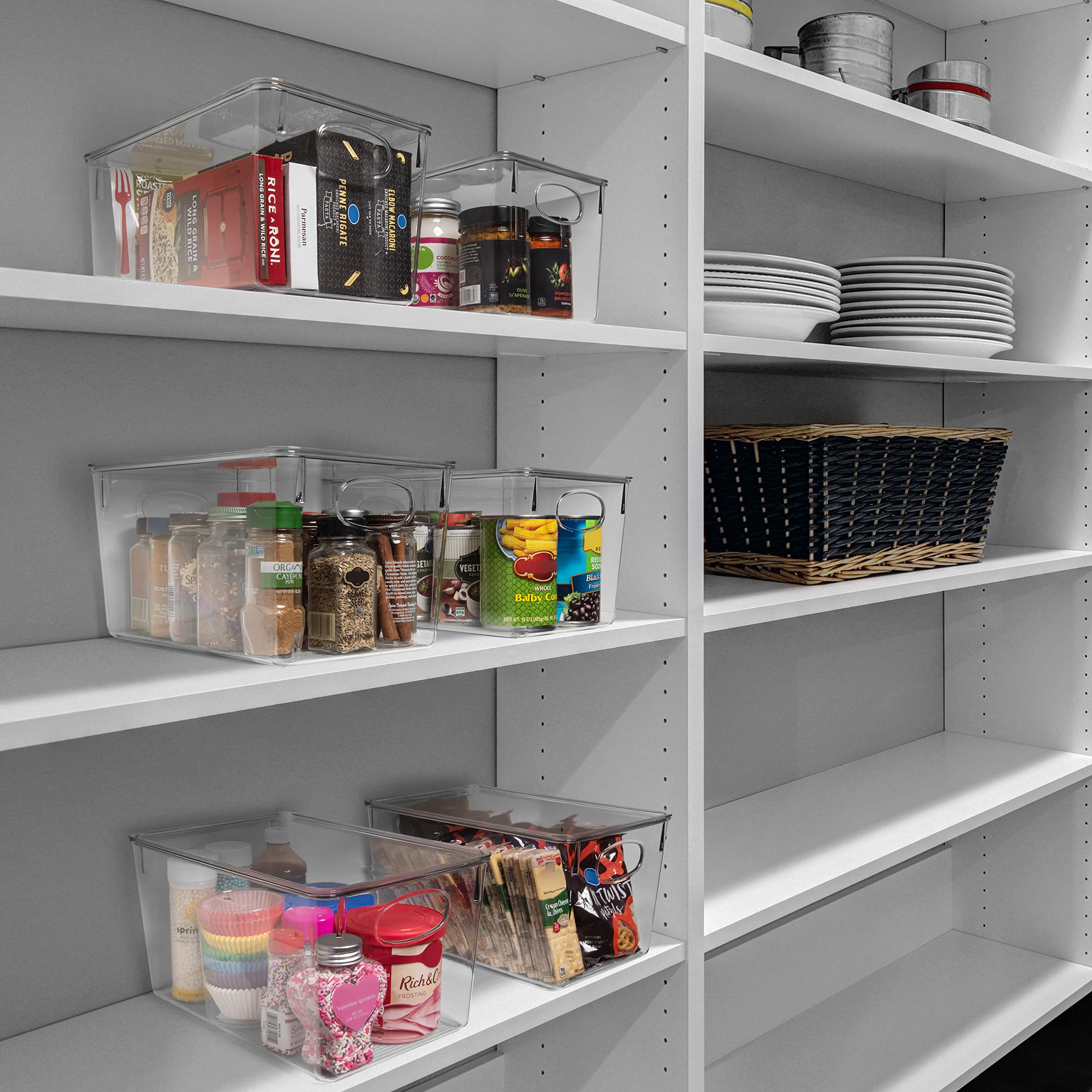 ClearSpace four-pack storage bins with lids, side handles, portable organization for any room.