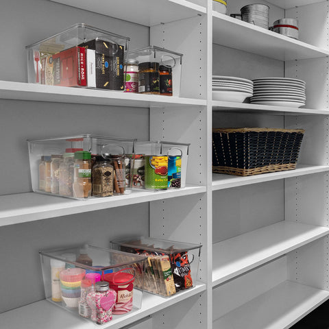 ClearSpace four-pack storage bins with lids, side handles, portable organization for any room.
