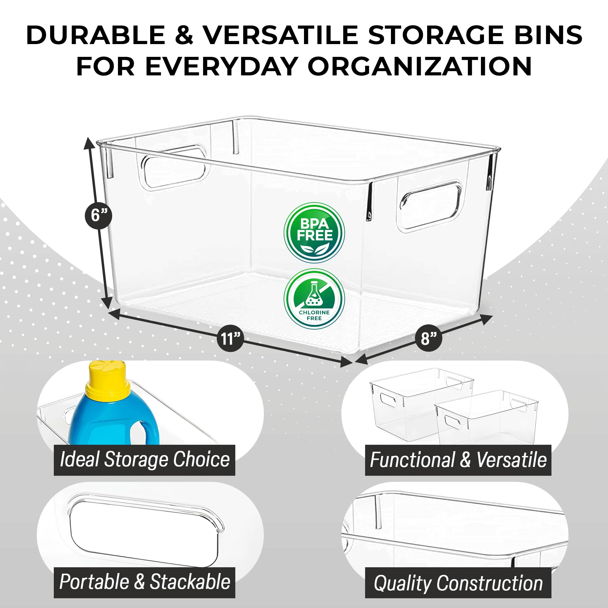 BPA-free shatter-resistant plastic bin for durable kitchen organization.