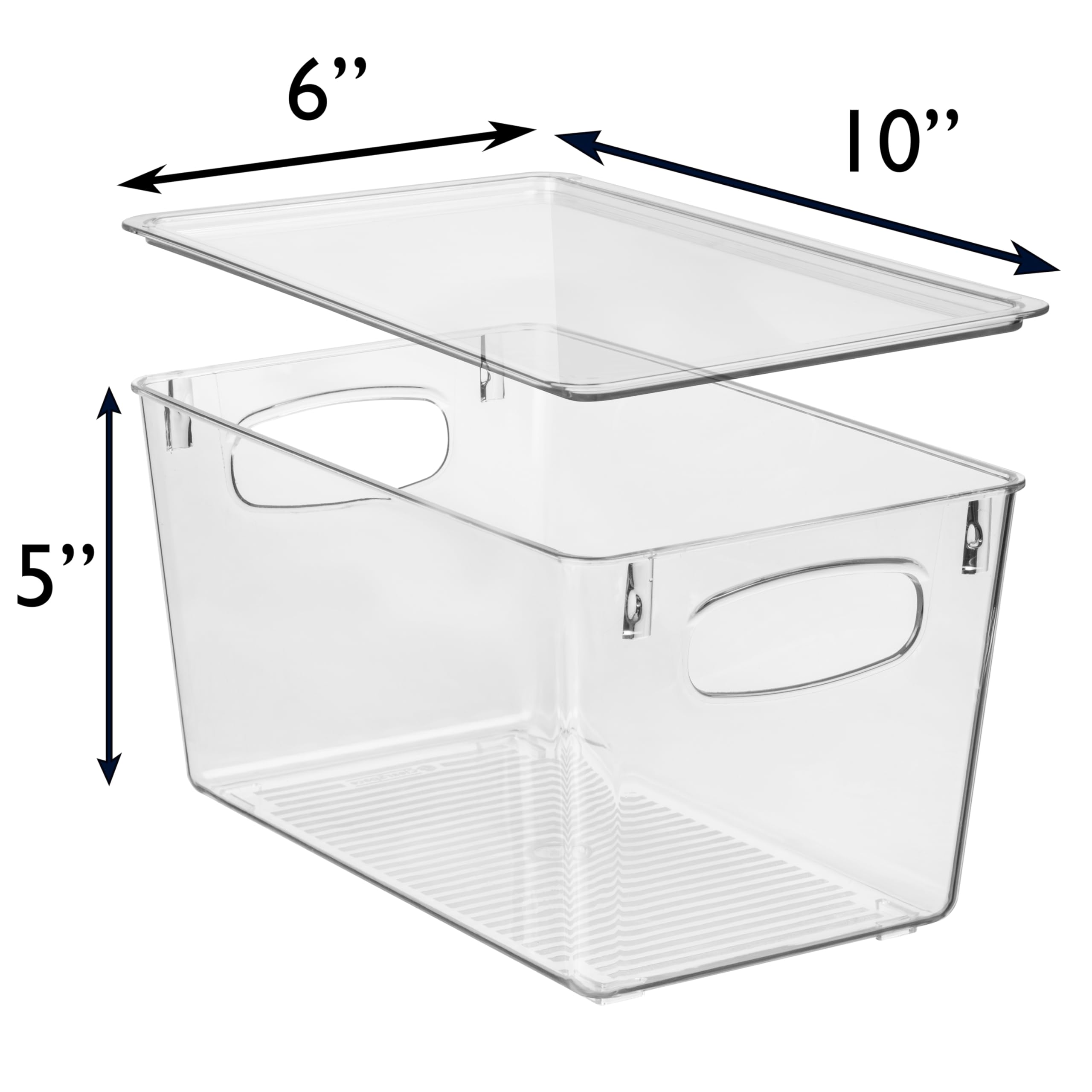 ClearSpace clear plastic bin shows durable design with stable base feet for stacked setups.
