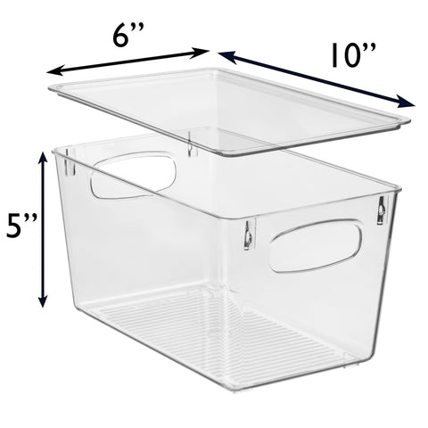 ClearSpace clear plastic bin shows durable design with stable base feet for stacked setups.