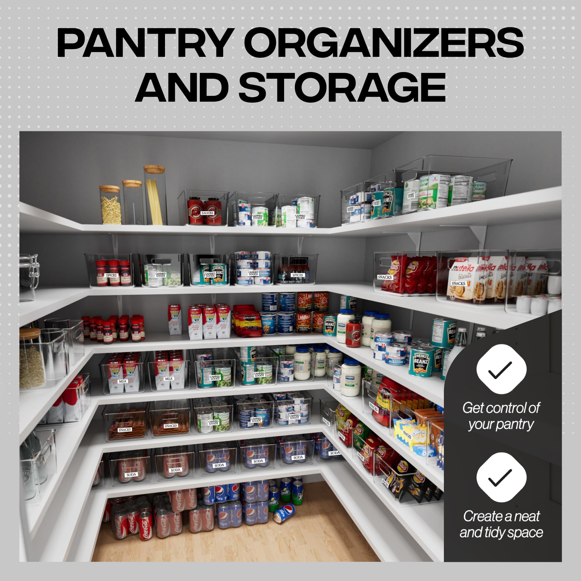 Deep storage bin on cube shelving enables easy stacking and deep storage.