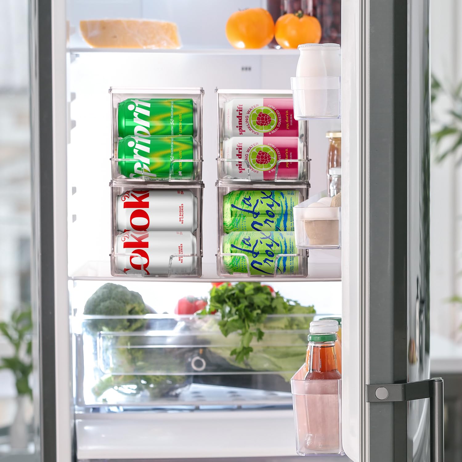 ClearSpace fridge dispenser holds cans neatly, ready to dispense.