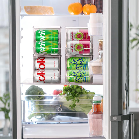 ClearSpace fridge dispenser holds cans neatly, ready to dispense.