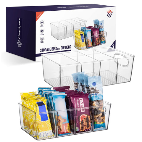 ClearSpace pantry bin with removable dividers, top view, helps keep fridge organized.
