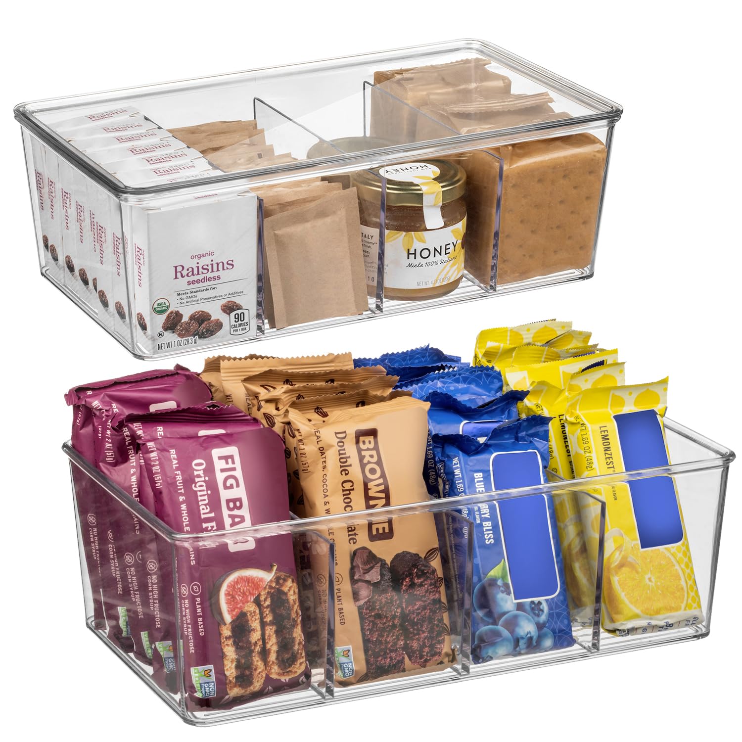 ClearSpace pantry bin with removable dividers for organized, easy-to-find snacks.
