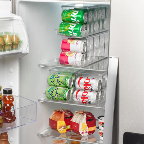 Two ClearSpace organizers with twelve cans each keep drinks organized.