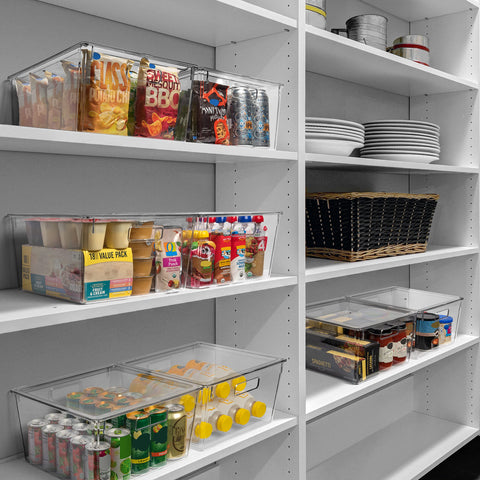 ClearSpace XL clear bin with lid shown in a cabinet for easy viewing