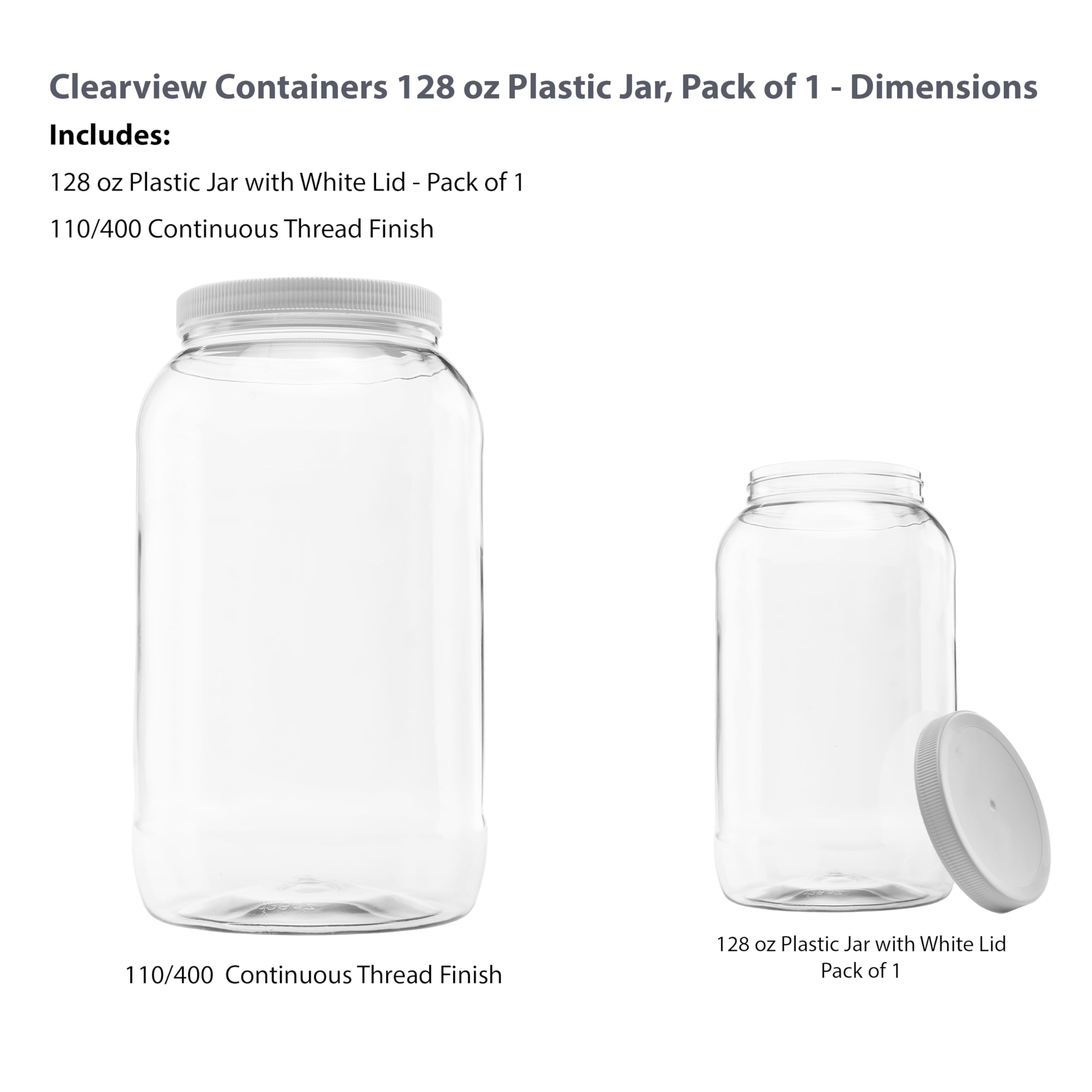 Clearview Containers 128oz BPA-free jar highlighted for bulk storage.