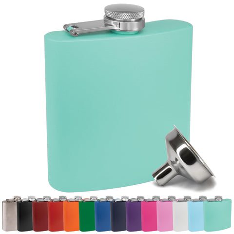 Clear Water 6 oz teal flask with funnel for mess-free filling.