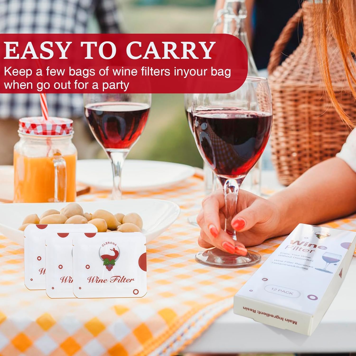 Clerona 12-pack box of wine filters designed for home or party use.