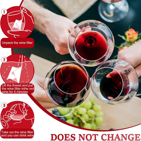 Clerona easy-to-use filter bag shown waiting three minutes before enjoying wine.