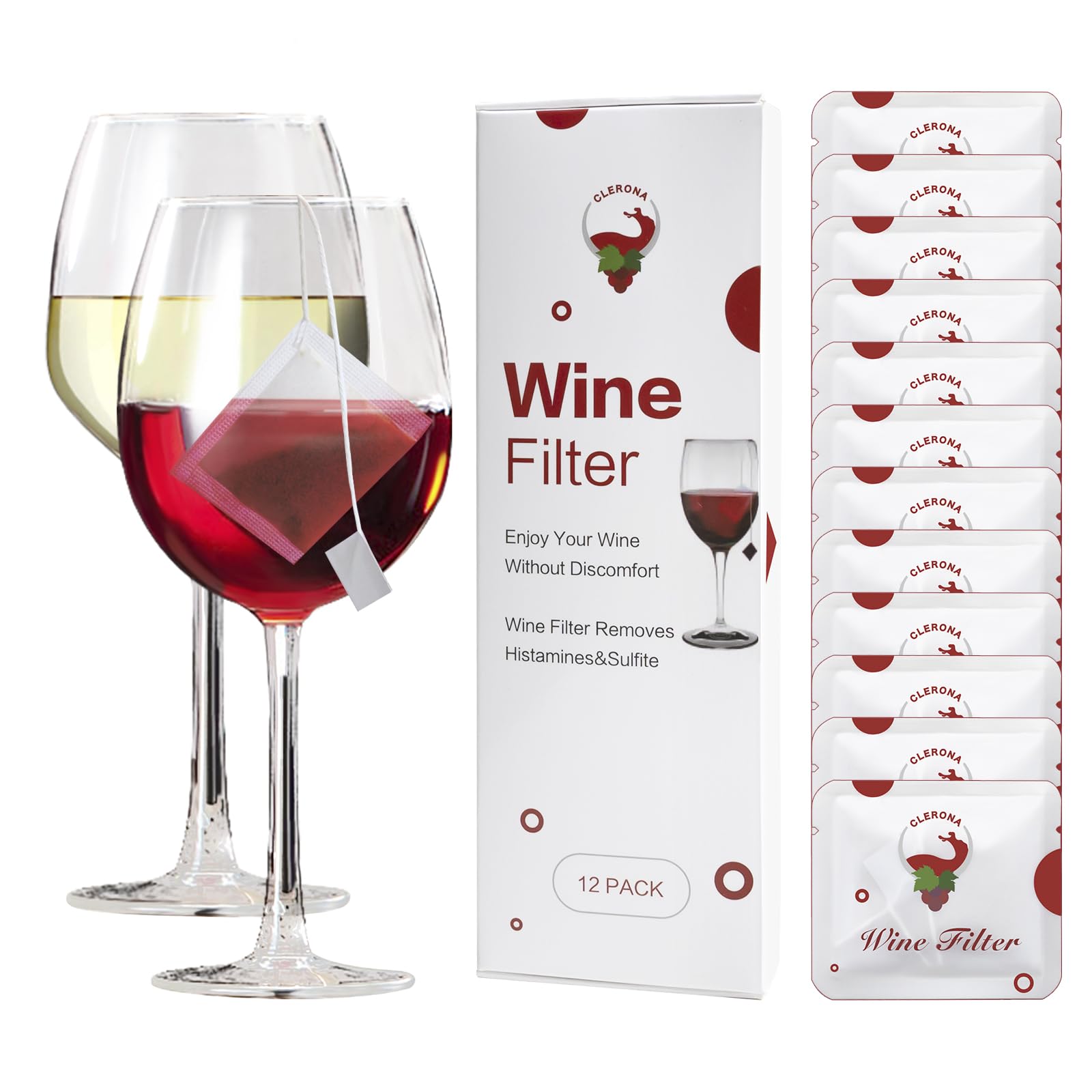 Clerona wine purifier filter bag in glass preserving flavor while removing sulfites.