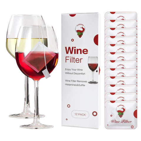 Clerona wine purifier filter bag in glass preserving flavor while removing sulfites.