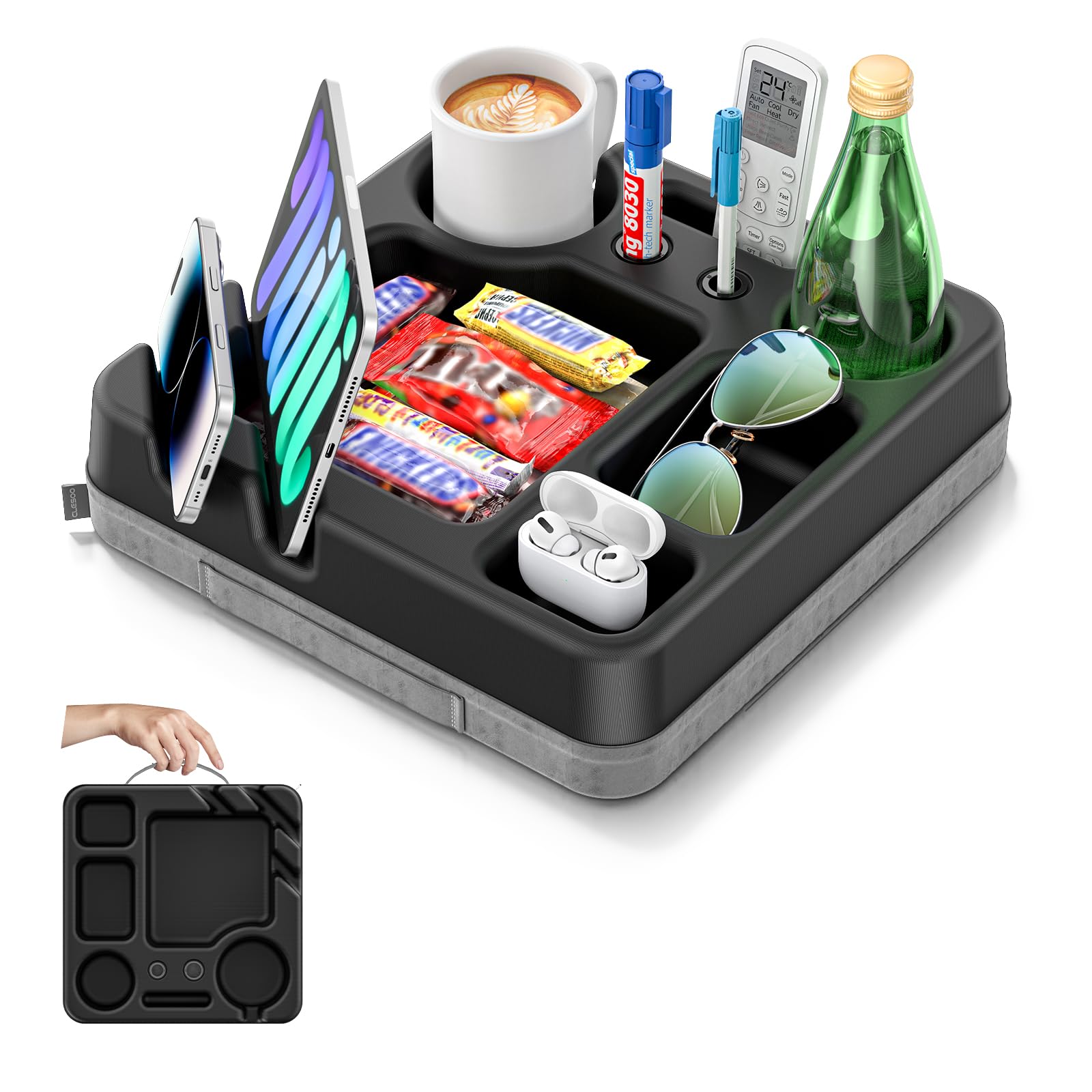 CLESOO couch cup holder tray keeps drinks secure while lounging.