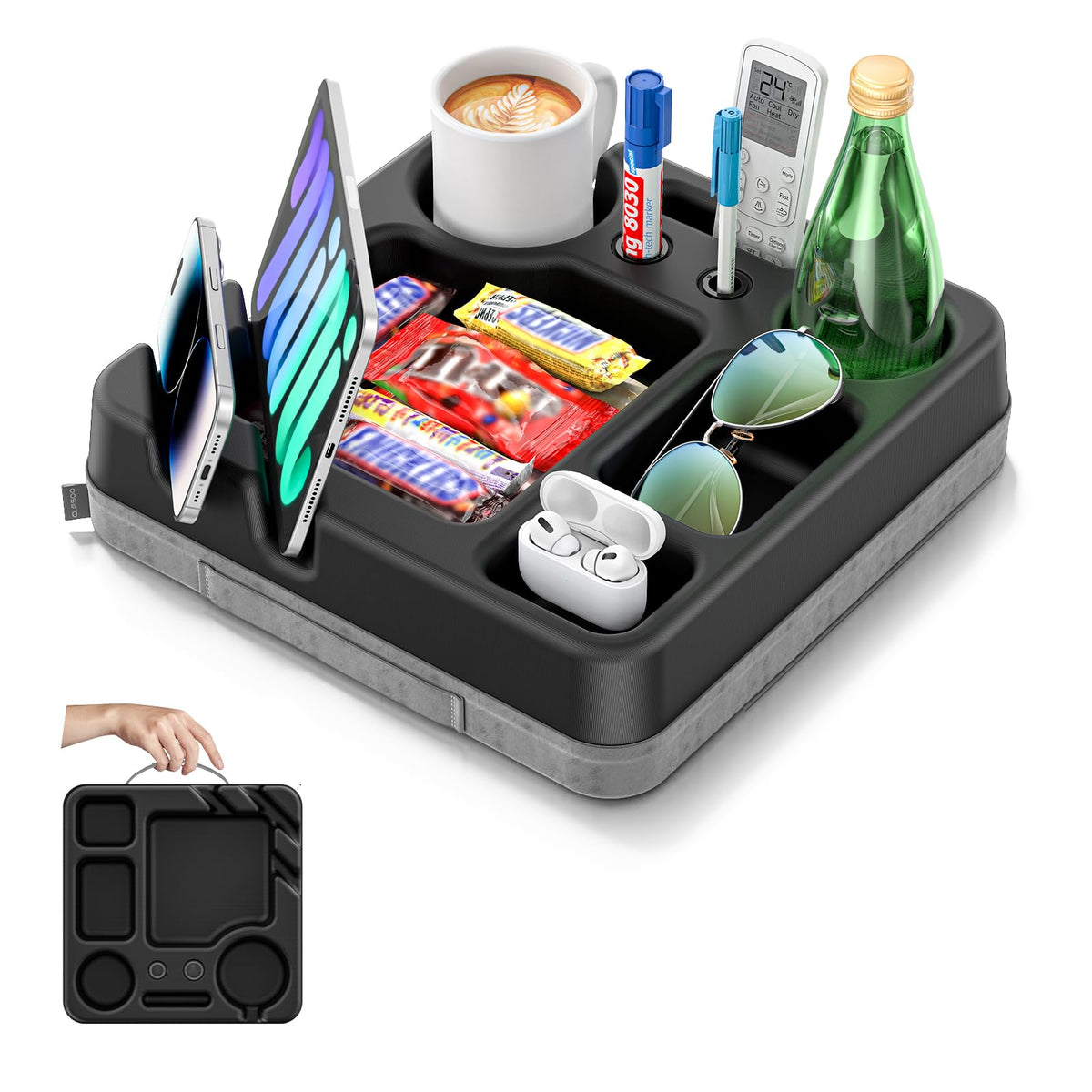 CLESOO couch cup holder tray keeps drinks secure while lounging.