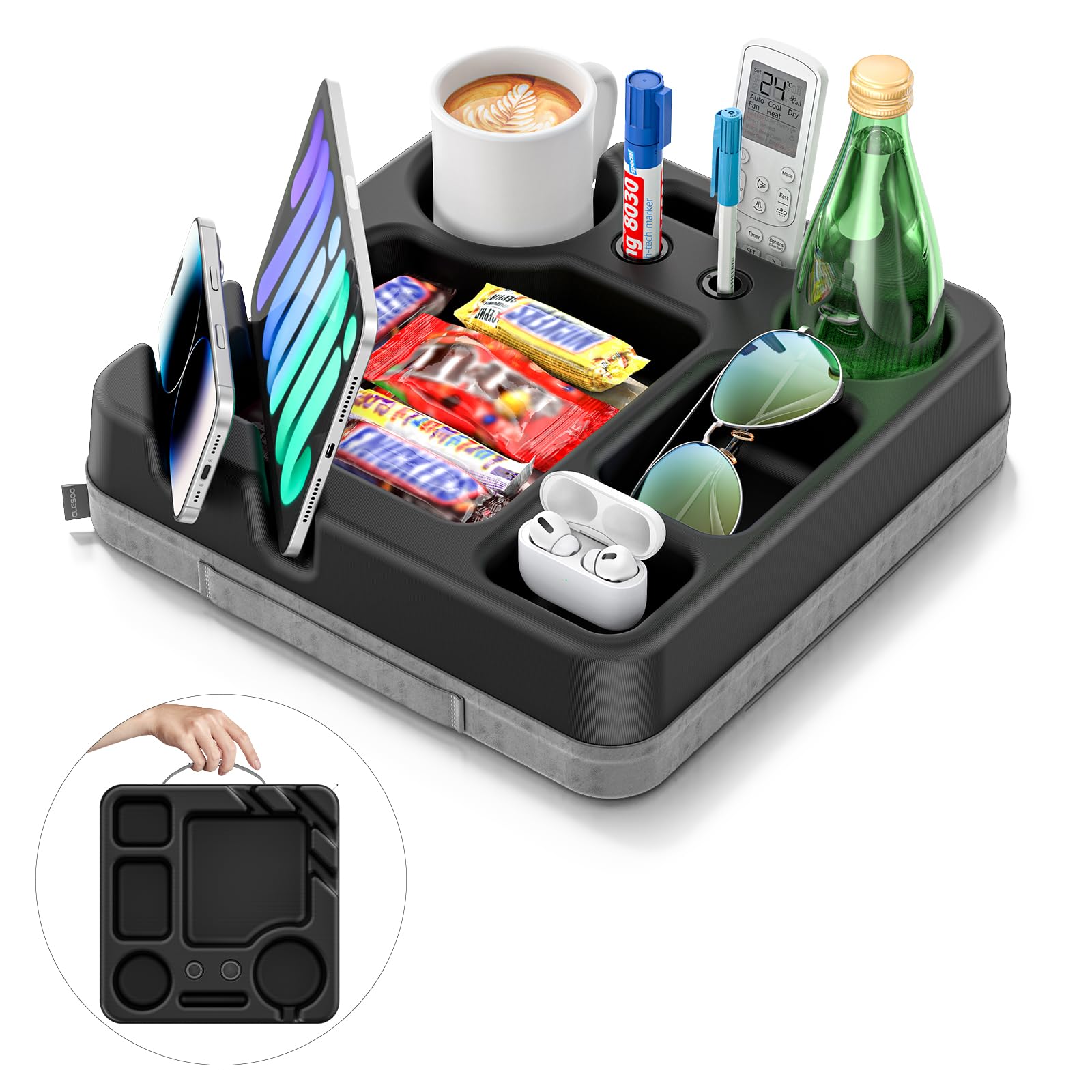 CLESOO couch multi-use tray enhances couch time for snacks and devices.