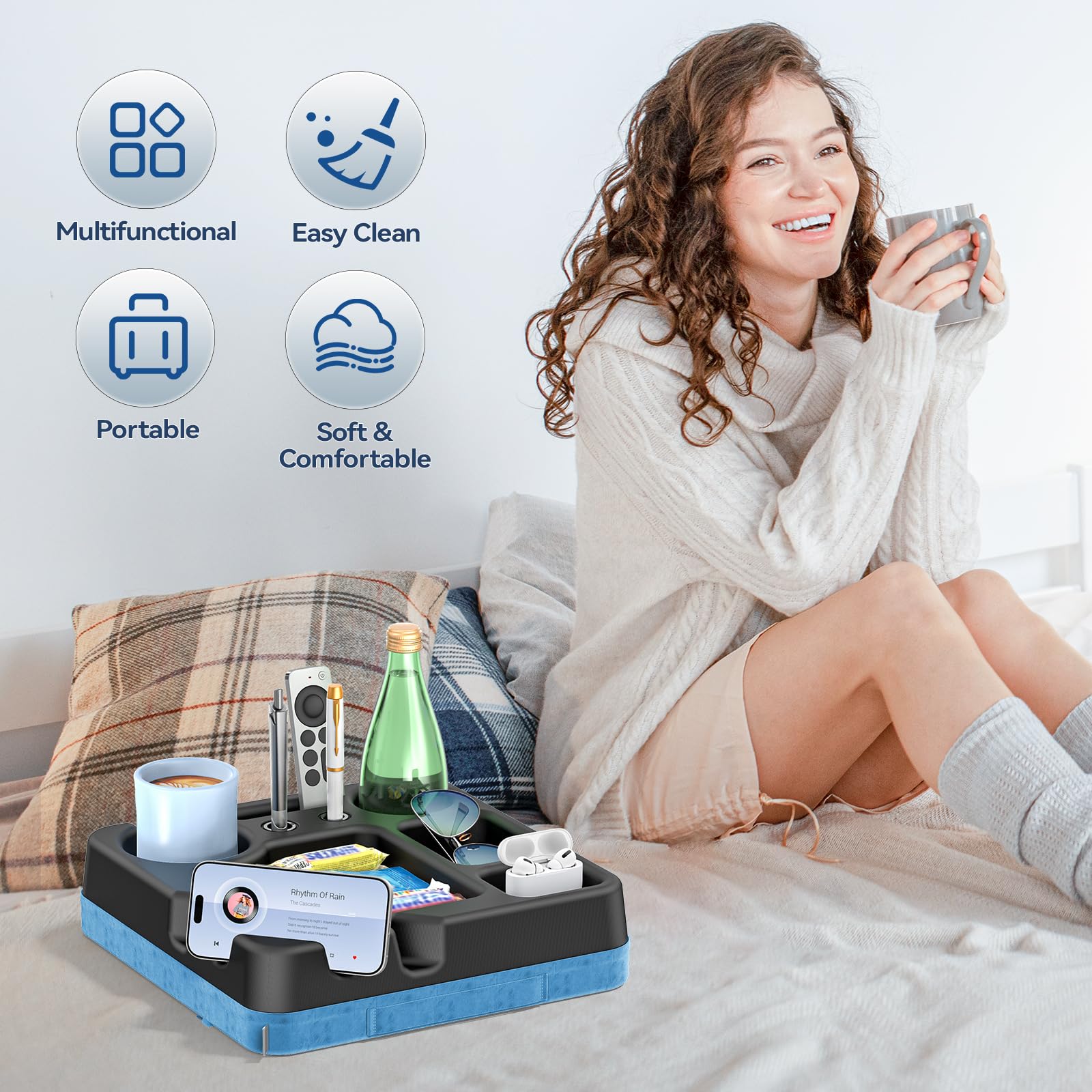 CLESOO portable sofa tray with strap for easy transport.