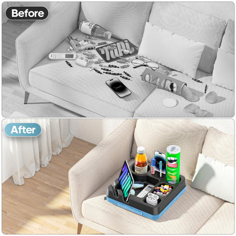 CLESOO remote and snack organizer on sofa tray keeps essentials handy.