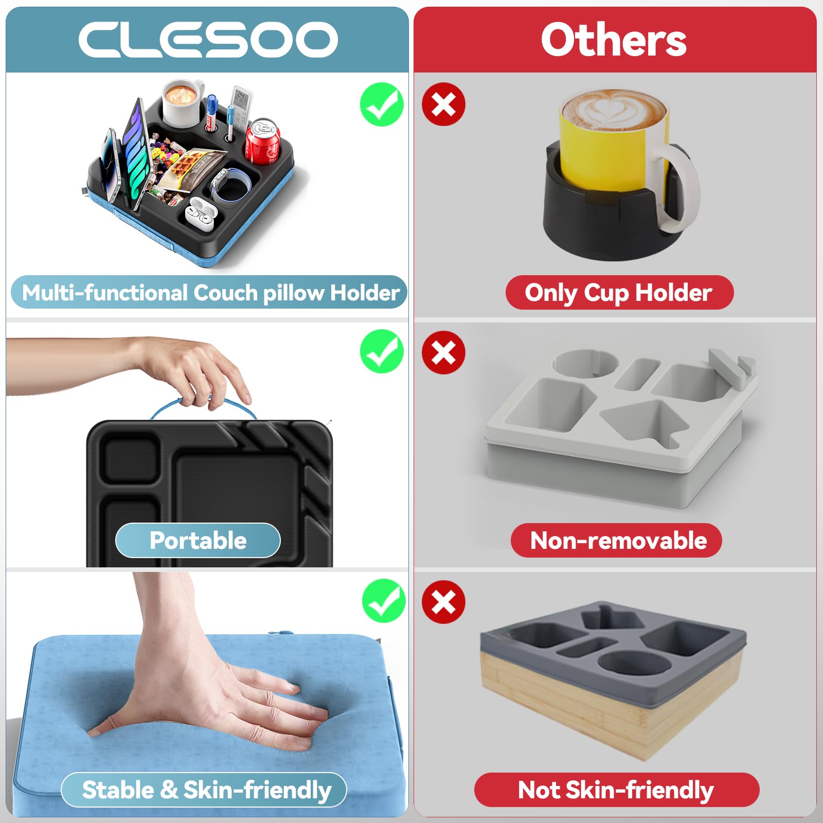 CLESOO couch tray highlighting phone slot and snack area for quick access.
