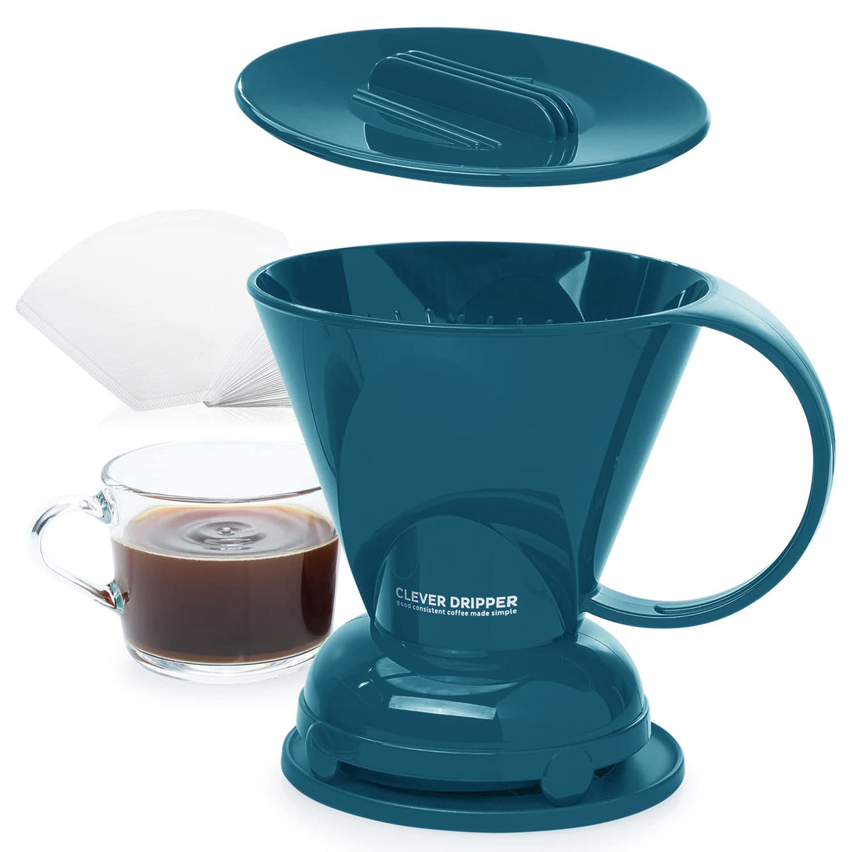 Clever Coffee Dripper in peacock blue for consistent pour-over flavor at home