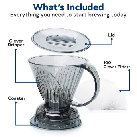 Clever Dripper with coaster and lid, keeps brewing neat.