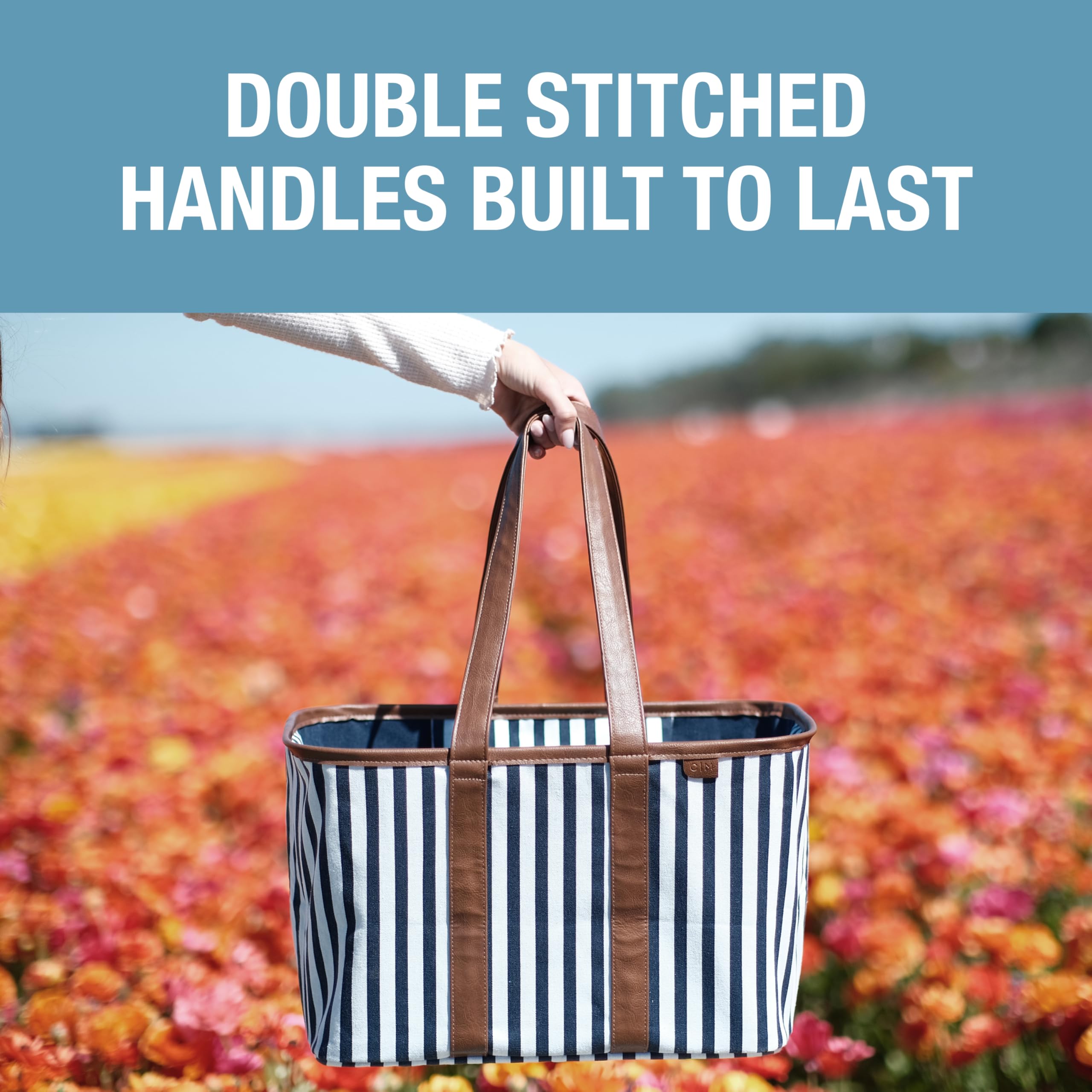 CleverMade Collapsible Luxe Tote with stability feet on navy striped design