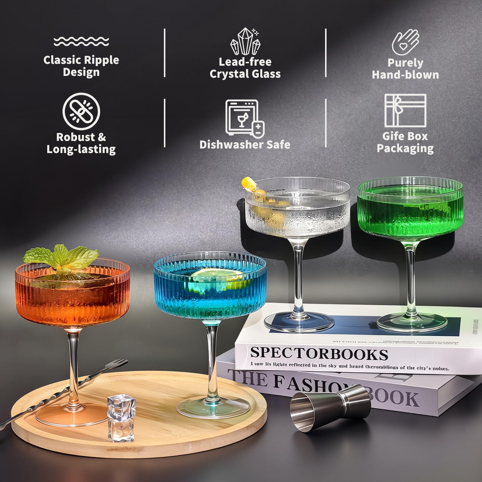 CL FUN Martini Coupe smooth-rim glasses add refined touch.