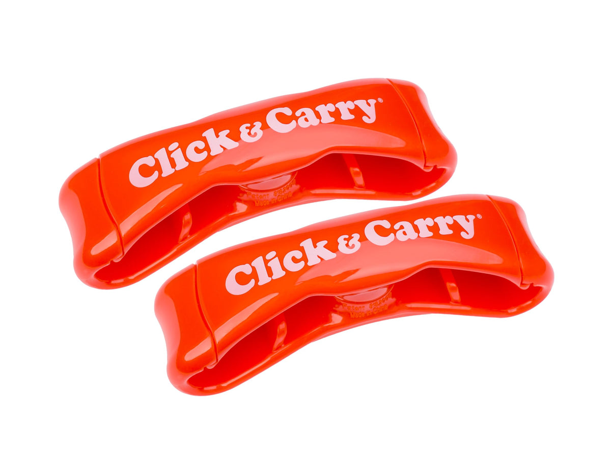 Click & Carry bag organizer clip showing hands-free grocery carrying.