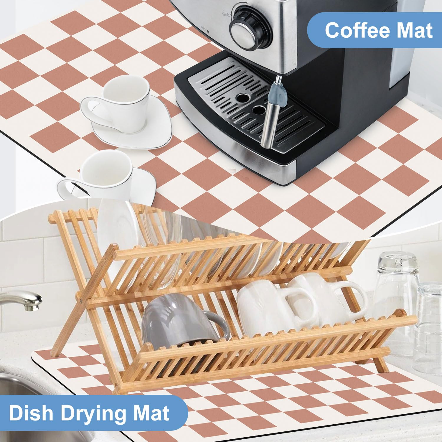 Clinuse coffee mats beige checkered pattern ideal for coffee bars and home kitchens