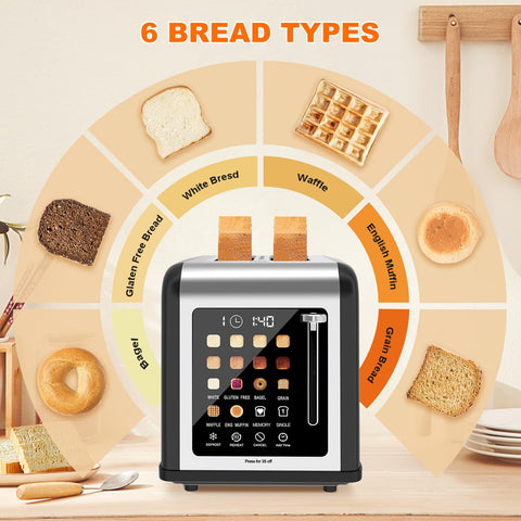 Clixane 2-slice toaster supports six bread types including bagel and gluten-free options.