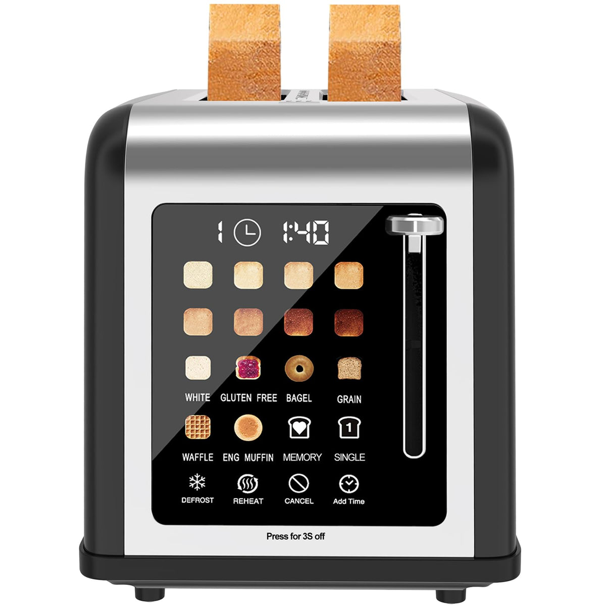 Clixane 2-slice toaster front view with touch screen and precise browning control.
