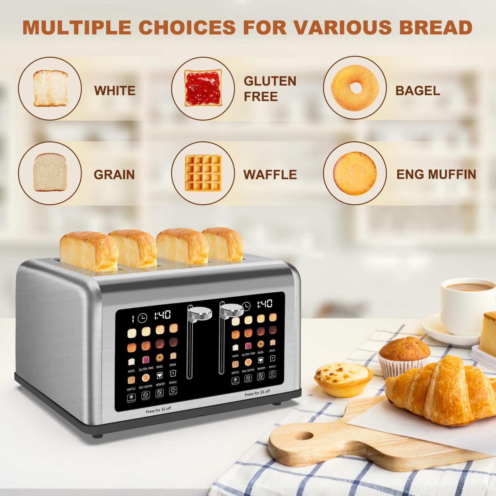 Clixane 4-Slice Toaster offers 6 bread types including bagel.