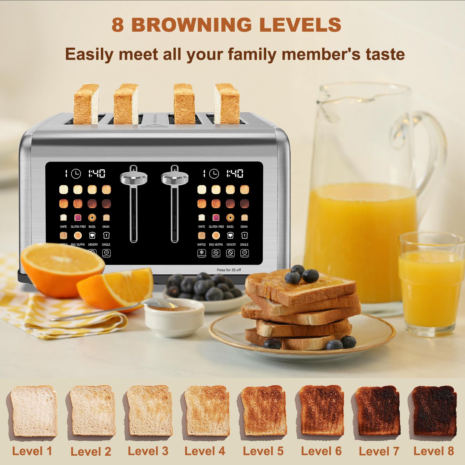 Clixane 4-Slice Toaster with 8 shade settings for custom browning.