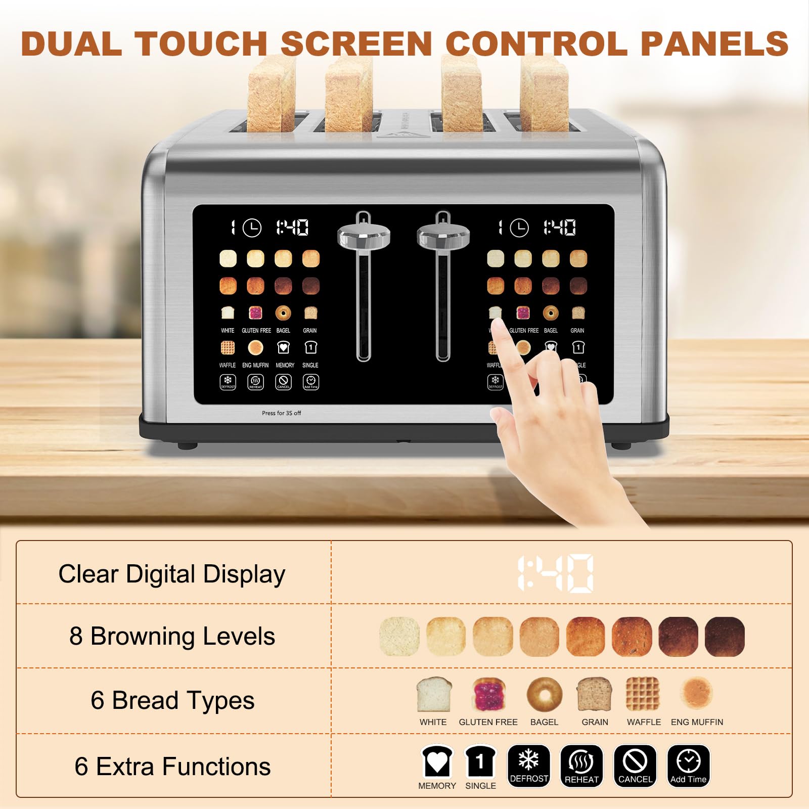 Clixane 4-Slice Toaster digital timer panel highlights precise browning control.