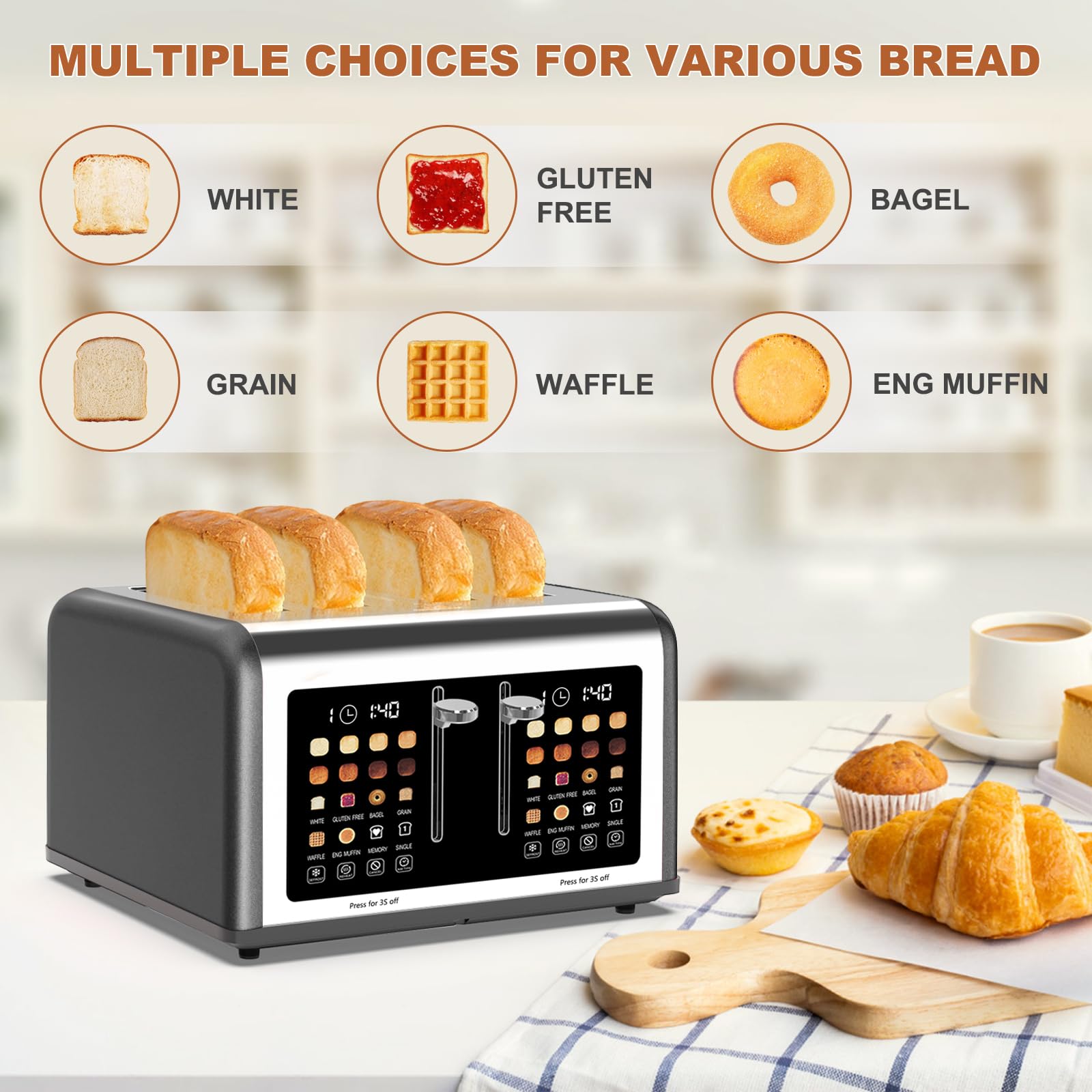 Clixane toaster with eight shade levels for customizable browning