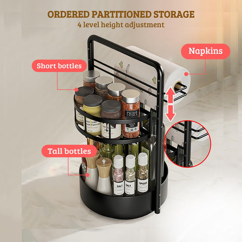 CLOKTA top-tier rotating rack shows height-adjustable shelves for tall bottles
