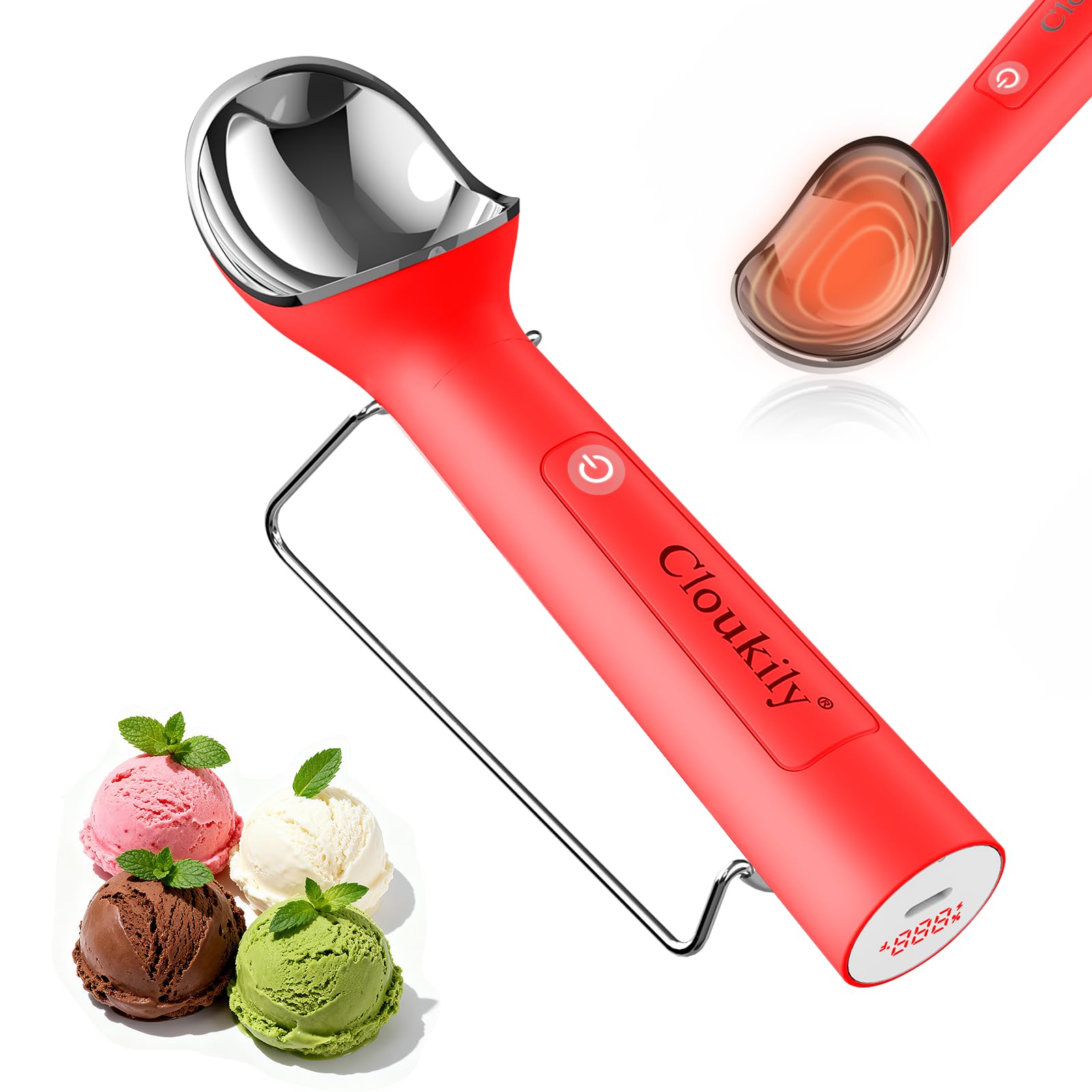 Cloukily heated scoop gen3 with stand ensures stable placement for precise servings.